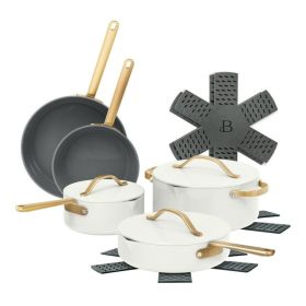 Beautiful 12-Piece Ceramic Nonstick Cookware Set with Strainer Lids – White Icing by Drew Barrymore