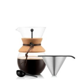 Bodum 34oz Pour Over Glass Coffee Dripper With Reusable Stainless Steel Filter Cork Band Brown