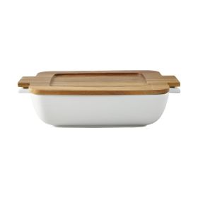 Ceramic Oven to Table Serveware Dish with Acacia Lid, 13.39 x 9.06 x 3.39 in