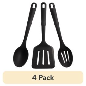 3-Piece Kitchen Utensil Set, Slotted Spatula, Slotted Spoon and Solid Spoon, Black, Nylon