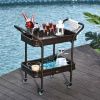 Outsunny Rattan Wicker Outdoor Kitchen Trolley, Rolling Serving Cart with 2 Tray Shelves, Brown
