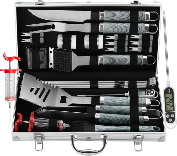 Grilljoy 24PCS BBQ Grill Tools Set With Meat Thermometer And Injector - Extra Thick Stainless Steel Fork, Spatula& Tongs - Complete BBQ Accessori