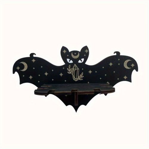1pc Rustic Wooden Bat Crystal Floating Shelf - Wall Hanging Decorative Shelf Rack for Home, Living Room, Bedroom - Perfect for Halloween, Thanksg