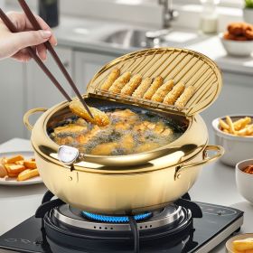 Golden 304 stainless steel deep fryer with built-in rotating thermometer (20cm, 24cm, 28cm) (size: 9.5 inch (24cm))