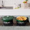 The enamel cast iron soup pot features a circular shower-style lid design and is suitable for various tools, such as ceramic, gas